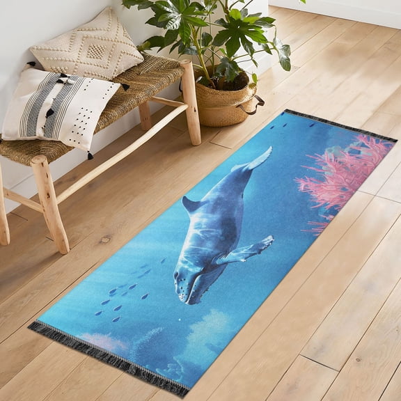 Ryvnso Whale Swims in The Sea Bedroom Runner Rug 2'x6' Hallway Area Carpet Non Slip Entryway Mat with Tassels