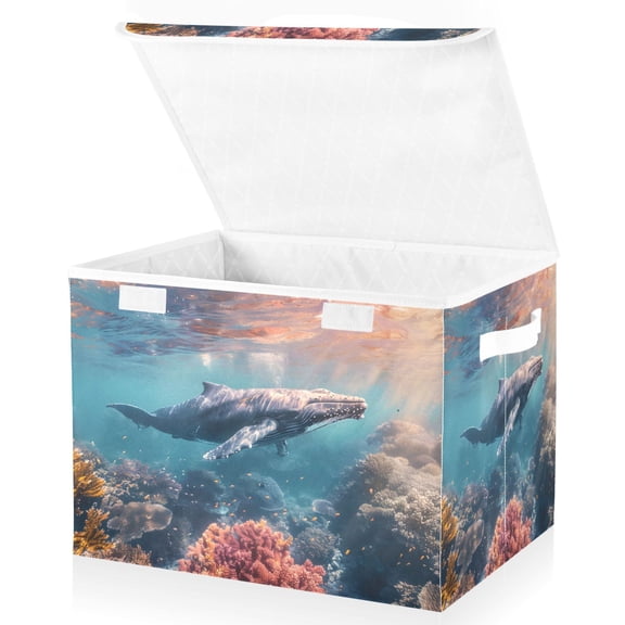 Ryvnso Whale Swims in The Sea Large Lidded Foldable Storage Baskets Cubes Boxes Lids Bin for Home
