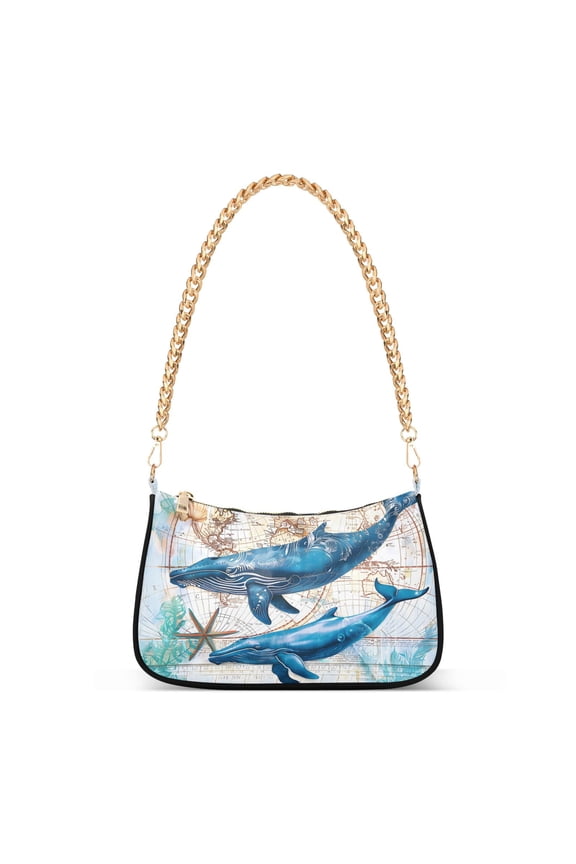 Whale with World Map Womens Chain Shoulder Bag Tote Handbags Clutch Hobo Purse with Zipper for Travel