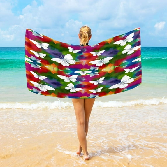 Ryvnso White Butterflies on Watercolor Oversized Beach Towel Microfiber Bath Blankets Swimming Fitness 37" x 74"