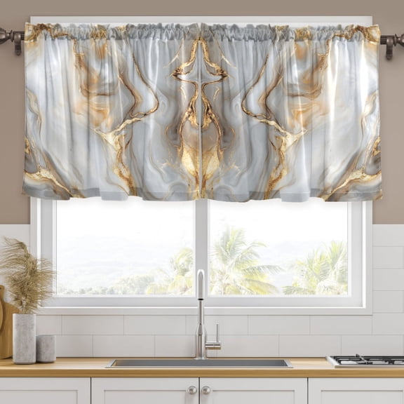 Ryvnso White Gold Marble Curtains Sets Short Curtain Rod Pocket Half Window Cafe Farmhouse Tier 2 Panels 57"W x 24"L