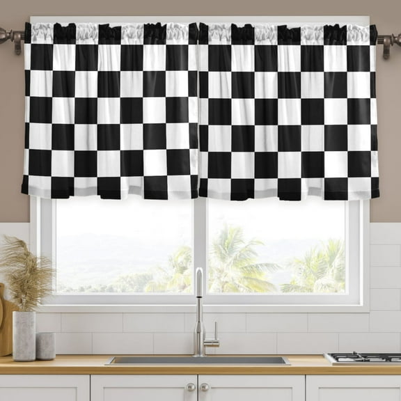 Ryvnso White and Black Checkered Grid Art Pattern Curtains Sets Short Curtain Rod Pocket Half Window Cafe Farmhouse Tier 2 Panels 57"W x 24"L