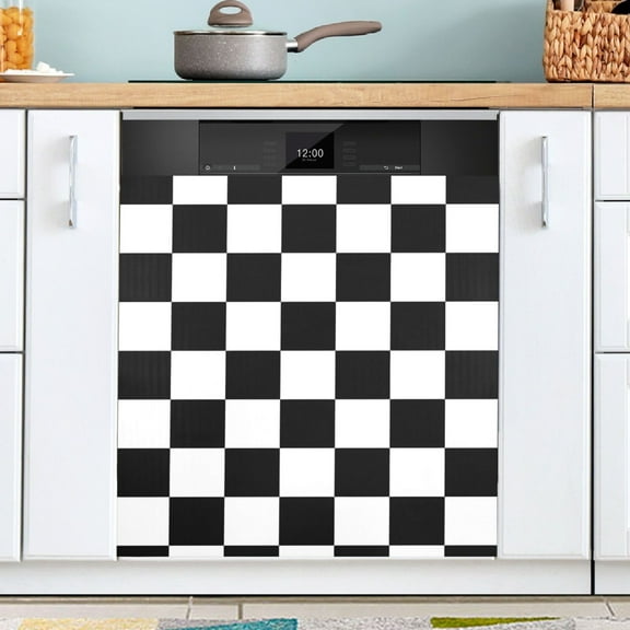 Ryvnso White and Black Checkered Grid Art Pattern Dishwasher Magnetic Refrigerator Magnet Cover Kitchen Home Decorative 23"x26"