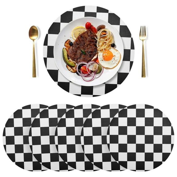 Ryvnso White and Black Checkered Grid Art Pattern Round Plate Mats Dining Table Placemat Set of 6 for Holiday Decoration