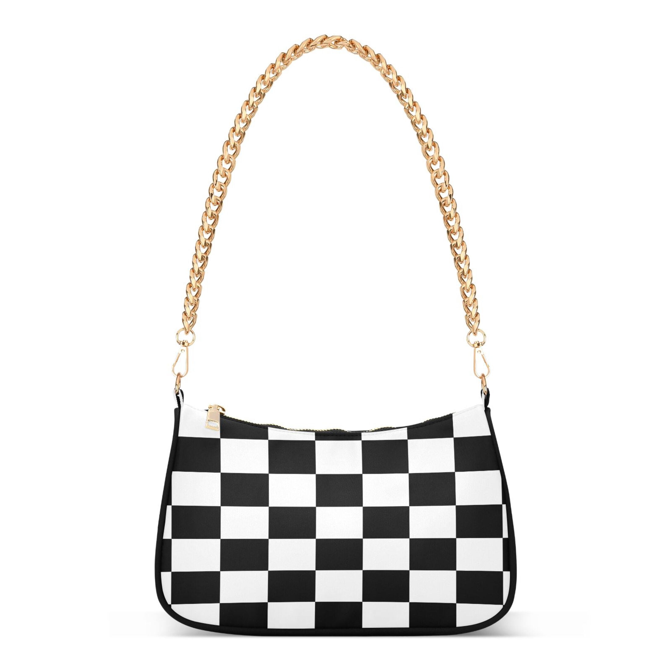 Ryvnso White and Black Checkered Grid Art Pattern Womens Chain Shoulder Bag Tote Handbags Clutch Hobo Purse with Zipper for Travel