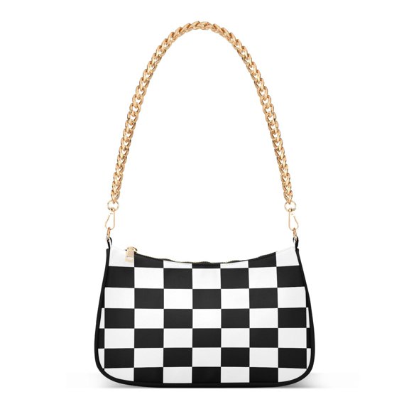 Ryvnso White and Black Checkered Grid Art Pattern Womens Chain Shoulder Bag Tote Handbags Clutch Hobo Purse with Zipper for Travel