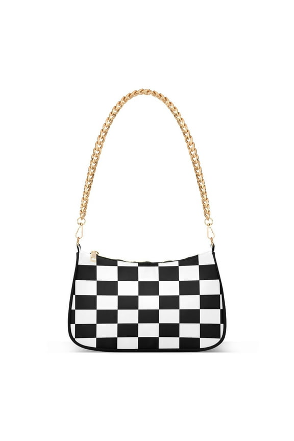 White and Black Checkered Grid Art Pattern Womens Chain Shoulder Bag Tote Handbags Clutch Hobo Purse with Zipper for Travel