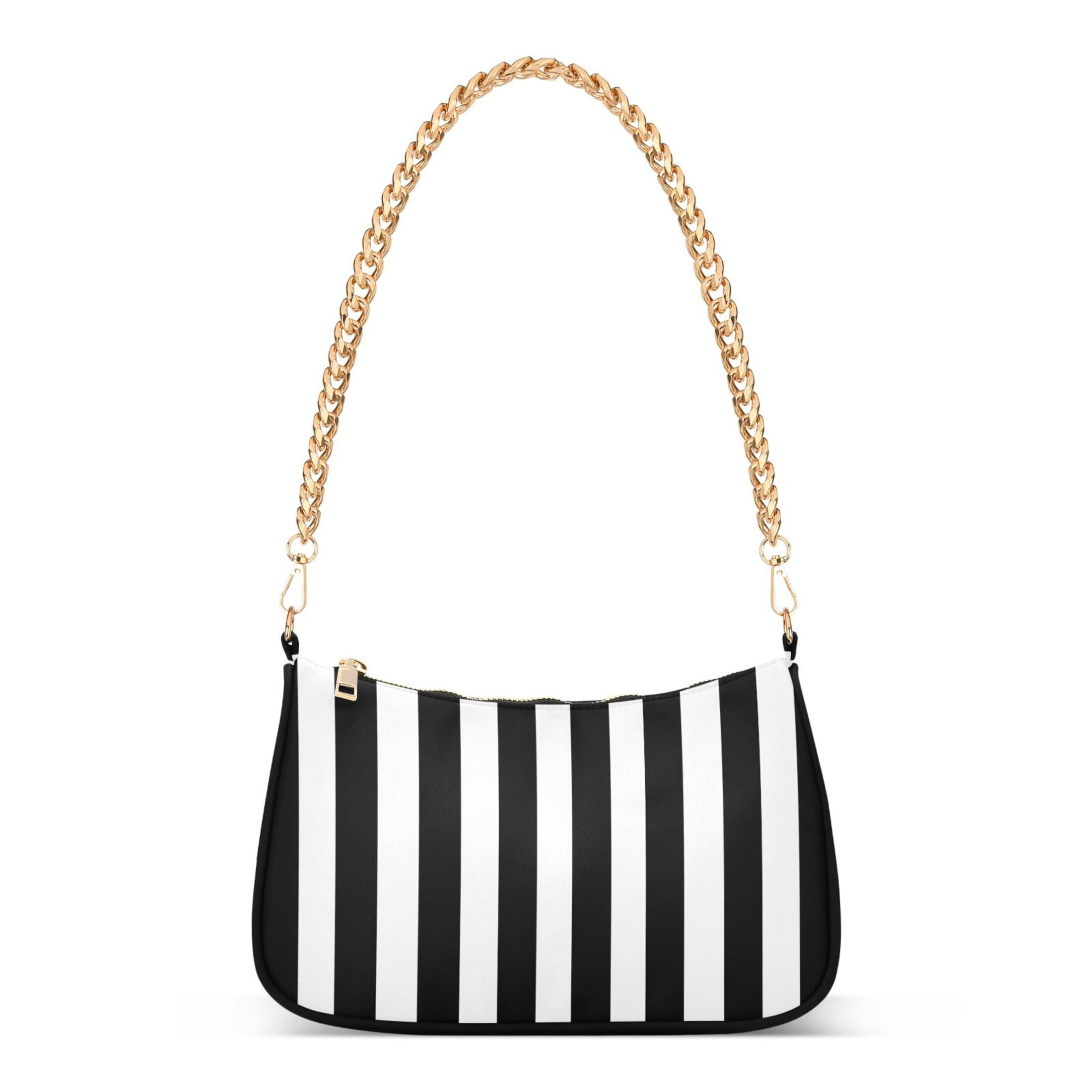 Ryvnso White and Black Stripe Pattern Womens Chain Shoulder Bag Tote Handbags Clutch Hobo Purse with Zipper for Travel