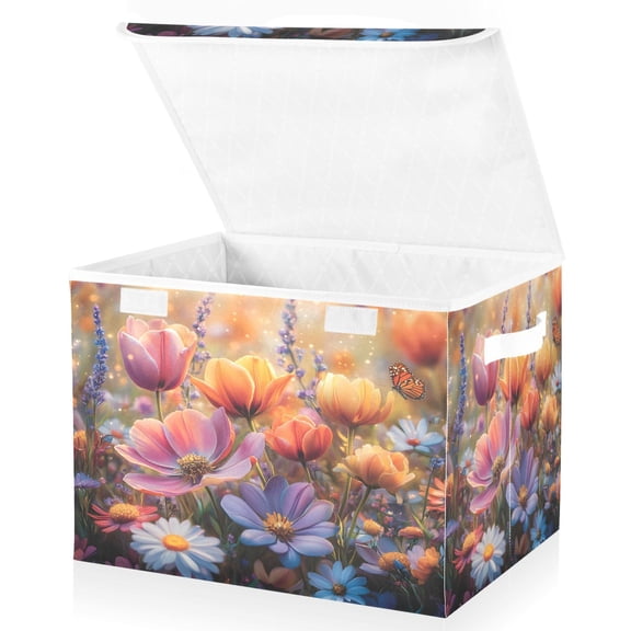 Ryvnso Wild Flower Butterfly Large Lidded Foldable Storage Baskets Cubes Boxes Lids Bin for Home