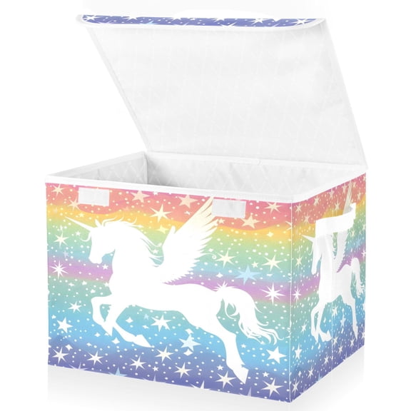 Ryvnso Winged Unicorn and Stars Large Lidded Foldable Storage Baskets Cubes Boxes Lids Bin for Home