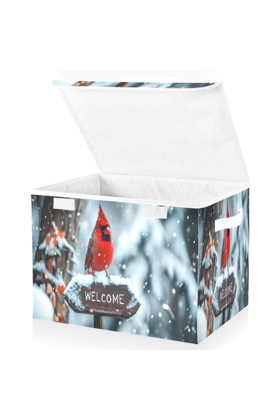 Winter Cardinal Welcome Large Lidded Foldable Storage Baskets Cubes Boxes Lids Bin for Home