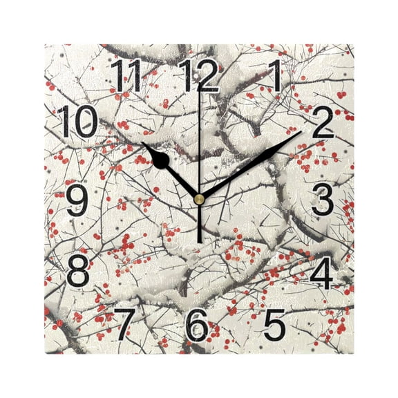 Ryvnso Winter Cherry Floral Wall Clock Square Silent Non-Ticking Battery Operated 7.78"