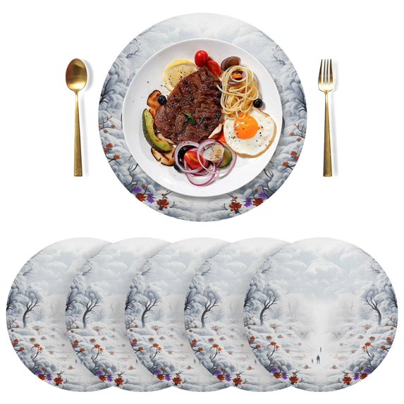 Ryvnso Winter Mountains and Flowers Round Plate Mats Dining Table Placemat Set of 6 for Holiday Decoration