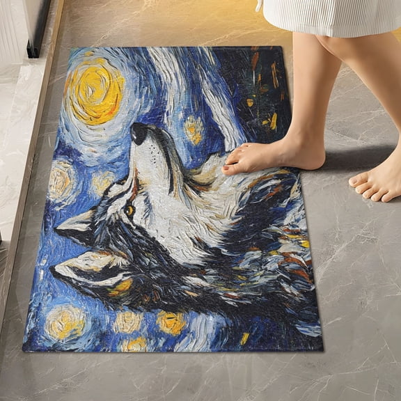 Ryvnso Wolf Oil Paint Bathroom Shaggy Rugs Toilet Rectangle Mat Soft Contour Rug 24"x16"