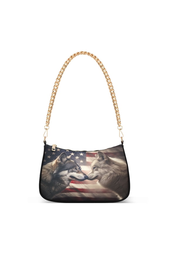 Wolf and Flag Womens Chain Shoulder Bag Tote Handbags Clutch Hobo Purse with Zipper for Travel
