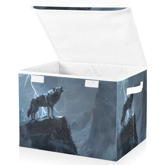 Ryvnso Wolf and Lightning on Mountain Large Lidded Foldable Storage Baskets Cubes Boxes Lids Bin for Home