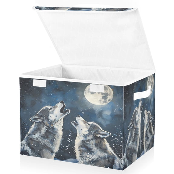 Ryvnso Wolf and Moon Large Lidded Foldable Storage Baskets Cubes Boxes Lids Bin for Home