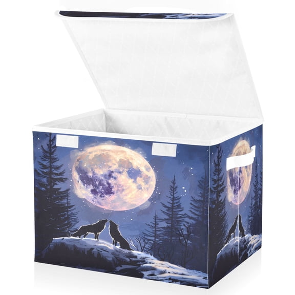 Ryvnso Wolf and Moon Large Lidded Foldable Storage Baskets Cubes Boxes Lids Bin for Home