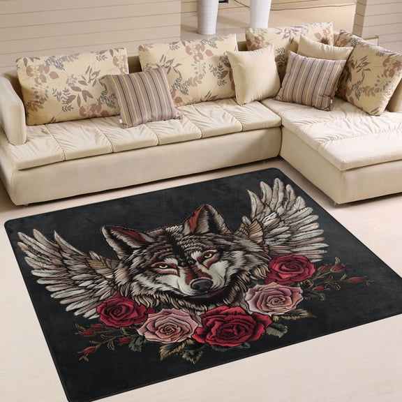 Ryvnso Wolf and Roses Flower Area Floor Rugs Soft Non-Slip Large Mats Nursery Carpets 63" x 48"