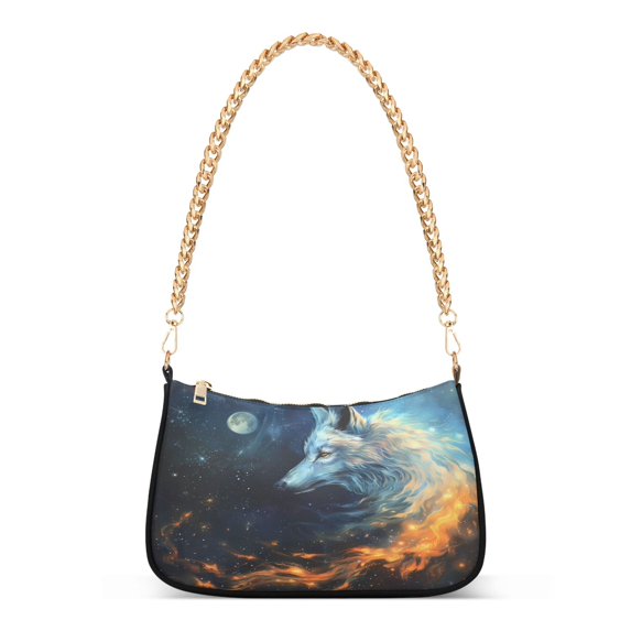 Ryvnso Wolf and Starry Sky Womens Chain Shoulder Bag Tote Handbags Clutch Hobo Purse with Zipper for Travel