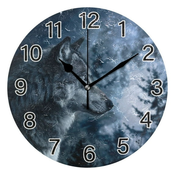 Ryvnso Wolf in Night Forest Wall Clock Non Ticking Silent Kitchen Clock Battery Operated Clocks 10 inch