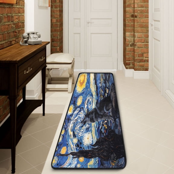 Ryvnso Wolf in Night Sky Oil Paint Hallway Runner Rugs Floor Carpet Non Slip Entryway Mat 2' x 6'
