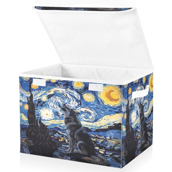 Ryvnso Wolf in Night Sky Oil Paint Large Lidded Foldable Storage Baskets Cubes Boxes Lids Bin for Home