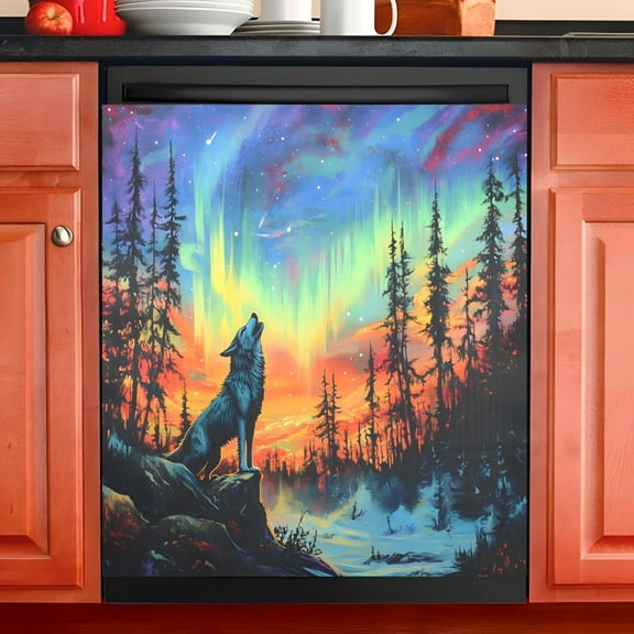 Ryvnso Wolf in Sunset Forest Dishwasher Magnetic Refrigerator Magnet Cover Kitchen Home Decorative 23"x26"