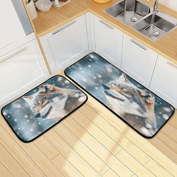 Ryvnso Wolf in Winter Kitchen Rugs Set Non Slip Runner Mats for Dining Room