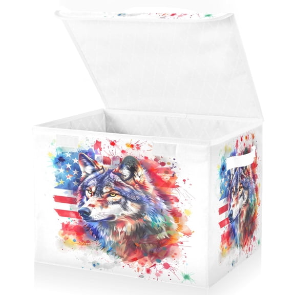 Ryvnso Wolf with Flag Large Lidded Foldable Storage Baskets Cubes Boxes Lids Bin for Home
