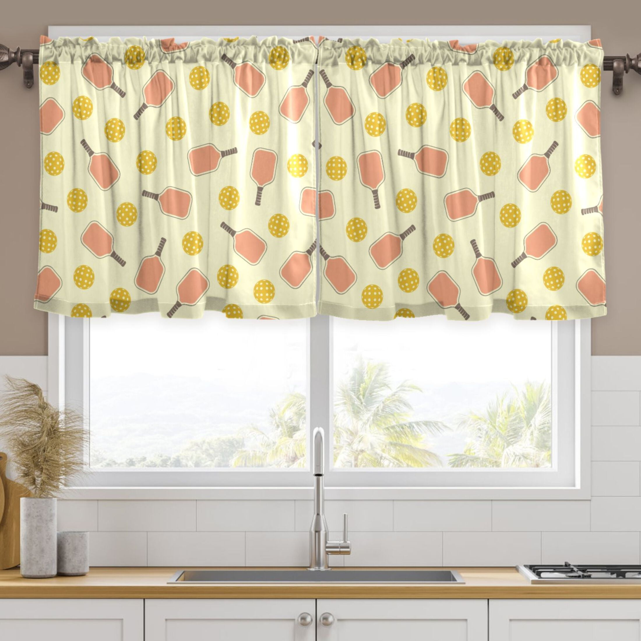 Ryvnso Yellow Pickleball Balls Curtains Sets Short Curtain Rod Pocket Half Window Cafe Farmhouse Tier 2 Panels 57"W x 24"L