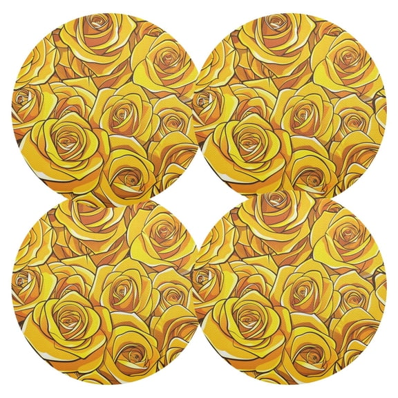 Ryvnso Yellow Roses Flowers Round Plate Mats Dining Table Placemat Set of 4 for Holiday Decoration