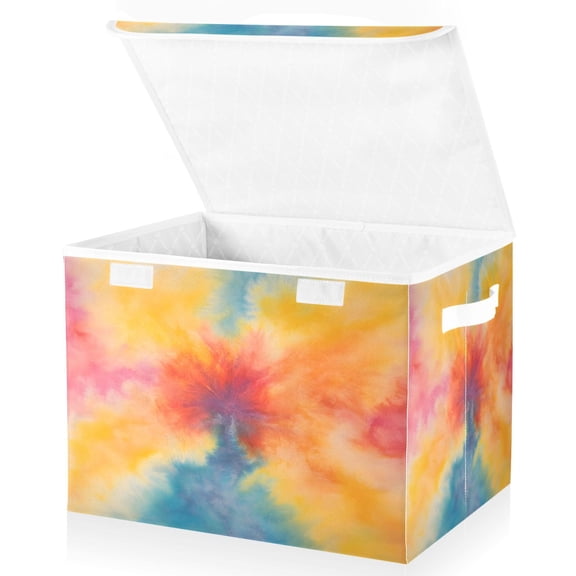 Ryvnso Yellow Tie Dye Large Lidded Foldable Storage Baskets Cubes Boxes Lids Bin for Home