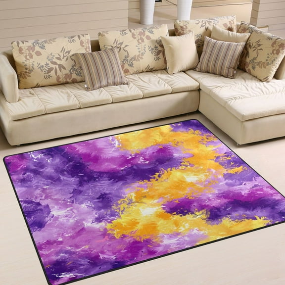 Ryvnso Yellow and Violet Tie Dye Area Floor Rugs Soft Non-Slip Large Mats Nursery Carpets 63" x 48"