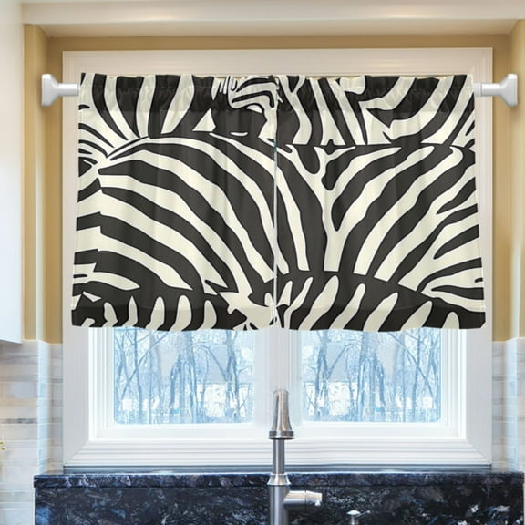 Ryvnso Zebra Black Print Half Curtains Sets Tier 2 Panels Short Curtain Rod Pocket 27"W x 24"L