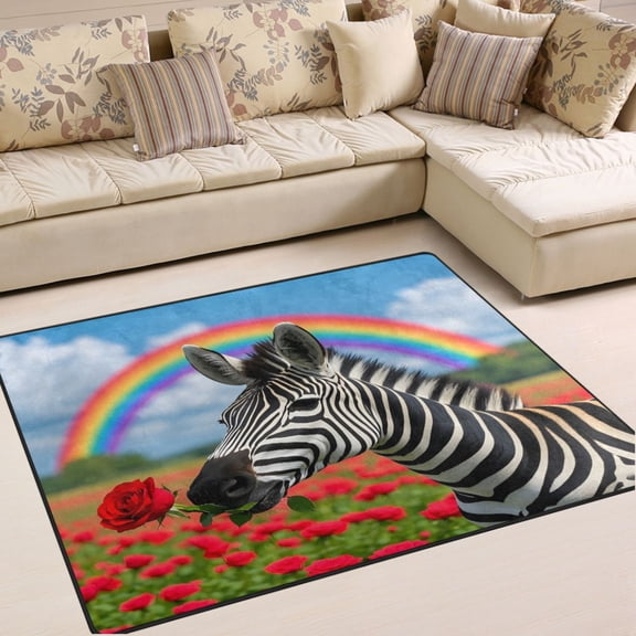 Ryvnso Zebra Rose Field Area Rug Floor Mats Non-Slip Home Carpet 63 x 48 inch