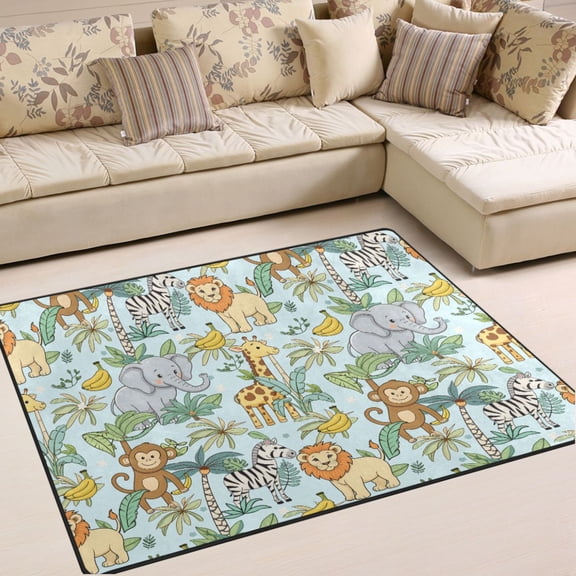 Ryvnso Zoo Elephant Monkey Giraffe Area Rug Floor Mats Non-Slip Home Carpet 80 x 58 inch