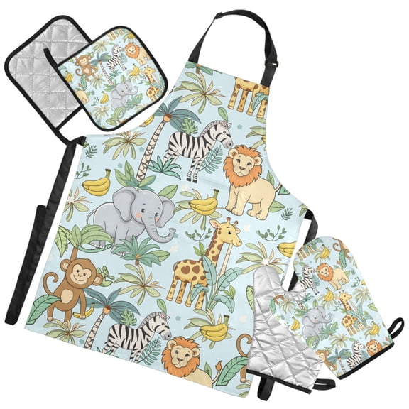 Ryvnso Zoo Elephant Monkey Giraffe Kitchen Apron Oven Mitts Set Pot Holders