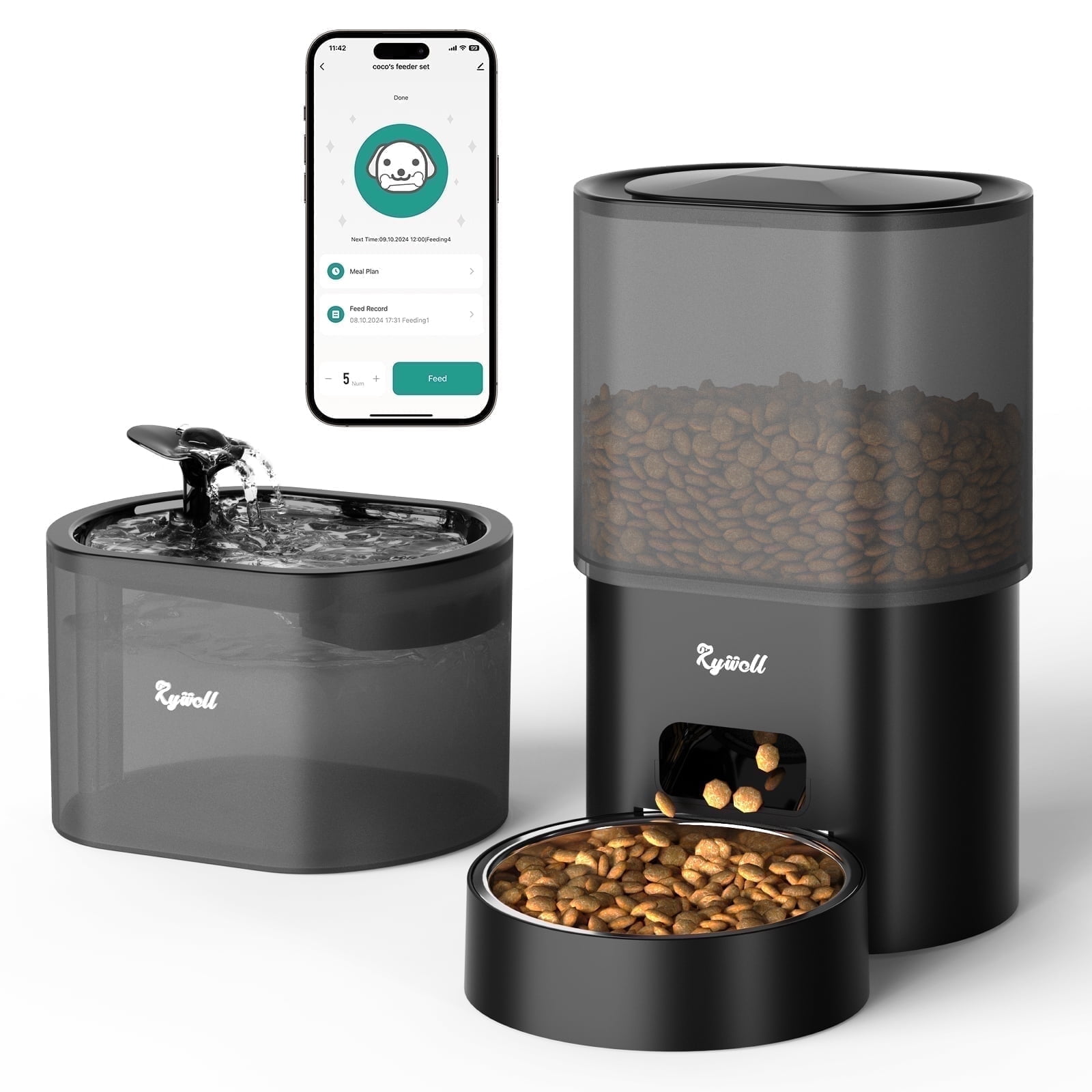 Rywell Automatic Cat Feeder with Water Dispenser, 2-in-1 Feeding Set with Feeding Schedule & Voice Recorder, Dual Power Supply, Auto Cat Food Dispenser for Cat