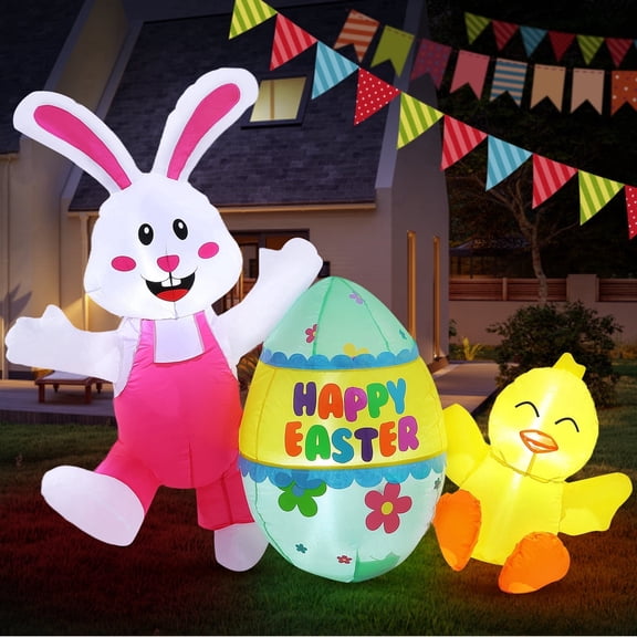 Avoalre Easter Inflatables Decorations, Easter Blow up 4.9FT Bunny with Chicks & Eggs, Lighted Inflatable for Yard Holiday Party Outdoor Garden, Gift for Kids