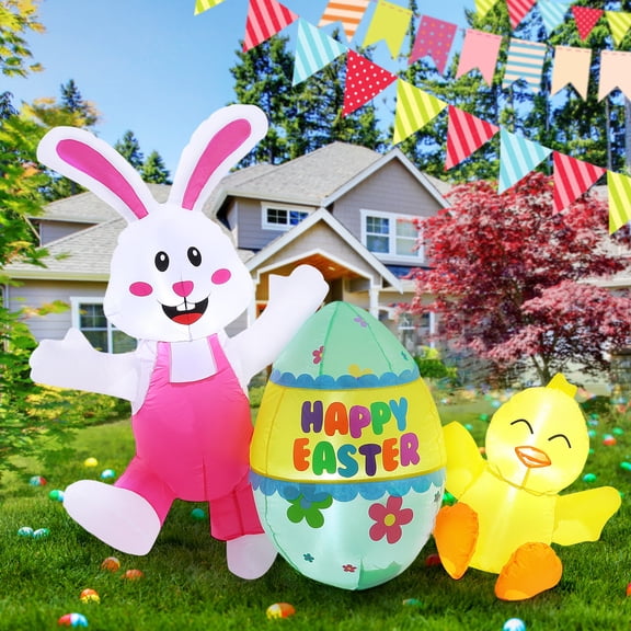 Avoalre Easter Inflatables Decorations, Easter Blow up 4.9FT Bunny with Chicks & Eggs, Lighted Inflatable for Yard Holiday Party Outdoor Garden, Gift for Kids