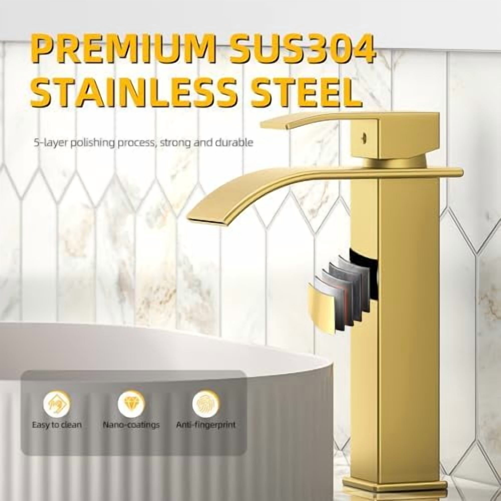Rywuanku Tall Brushed Gold Bathroom Faucet Waterfall Spout, Single ...
