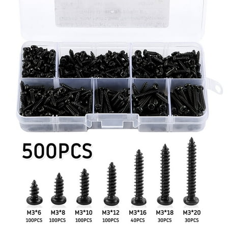Rzvnmko 500 PCS M3 Black Self Drilling Screws, Round Head Self-tapping Screws for Soft Wood Metal, with Plastic Box
