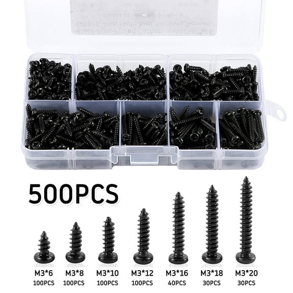 Rzvnmko 500 PCS M3 Black Self Drilling Screws, Round Head Self-tapping Screws for Soft Wood Metal, with Plastic Box