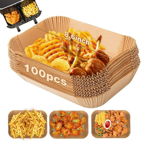 Rzvnmko 8.6" x 5.5" Air Fryer Disposable Paper Liner 100pcs Non-stick Square Parchment Paper Heat-resistant Roasting Pad Oil-proof and Water-proof Baking Liner Compatible with Ninja Dual Air Fryer