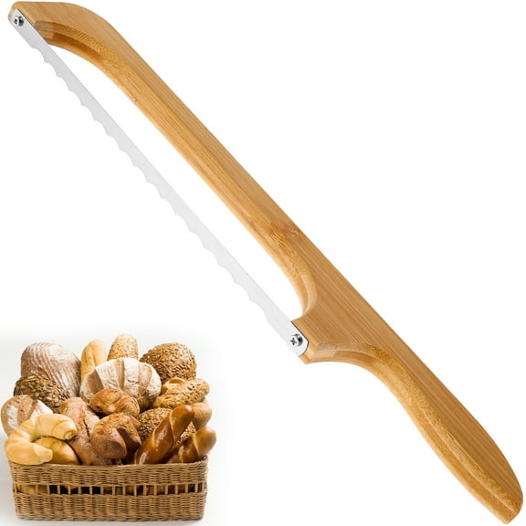 Rzvnmko Bread Knife,15.7" Wooden Serrated Bagel Knife,Fiddle Bow Design Easy to Cutting,Sourdough Cutter for Homemade Bagels,Bread,Baguettes and More - Premium Stainless Steel