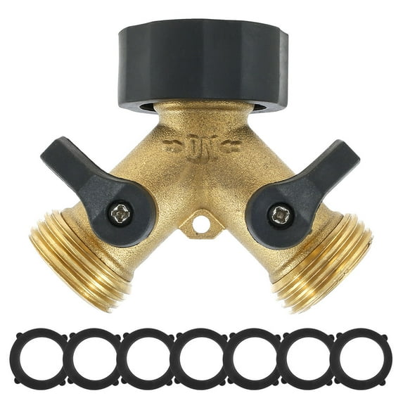 Rzvnmko Hose Splitter Brass 2 Way Garden Hose Connector 3/4 Thread Y Shape Hose Spigot Adapter Heavy Duty Water Hose Splitter with 7 Rubber Washer for Outdoor Garden Farm Greenhouse