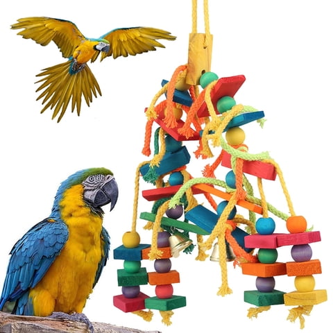 Rzvnmko Large Parrot Bird Toys,Colorful Wooden Blocks Beads Chewing Bird Toys for Parrots,Birds Macaw Toys Cockatoo Toys African Grey Parrot Toys Medium Parrots
