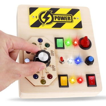Rzvnmko Montessori Busy Board LED Light Switch Wooden Sensory Toys Travel Busy Board with Light Up LED Buttons Educational Learning Fidget Toy for Toddlers Kids