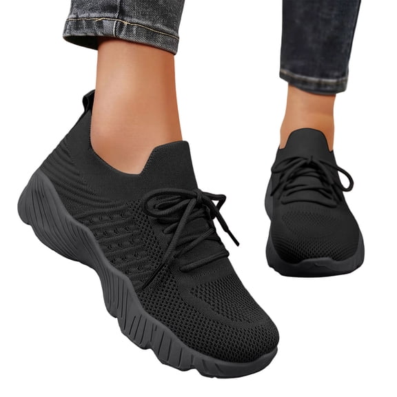 S-083 Black Womens Knit Walking Sneakers Breathable Lace Up Cushioned Thick Sole Daily Commute Comfortable